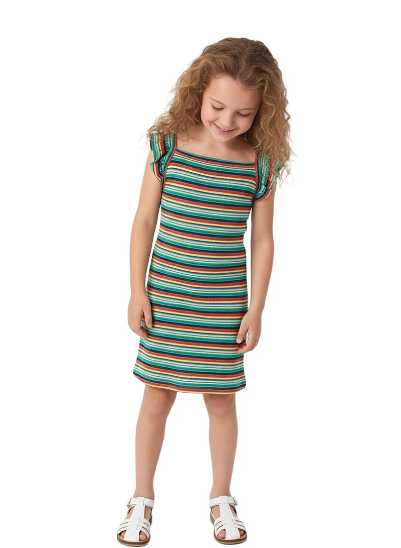 WiNi BEE Rainbow Striped Dress for Girls 2-6 Years | Ruffle Sleeve Toddler Kids Dress | Colorful Casual Sleeveless/Short Sleeve Dress - Image 4